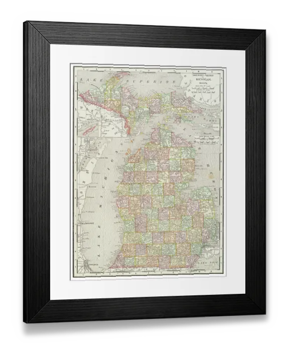 Framed Print : Map of the state of Michigan, USA 1899 Framed Print : Map of the state of Michigan, USA 1899