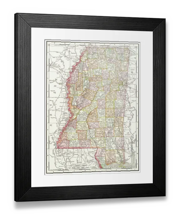 Framed Print : Map of the state of Mississippi, USA 1899 Framed Print : Map of the state of Mississippi, USA 1899