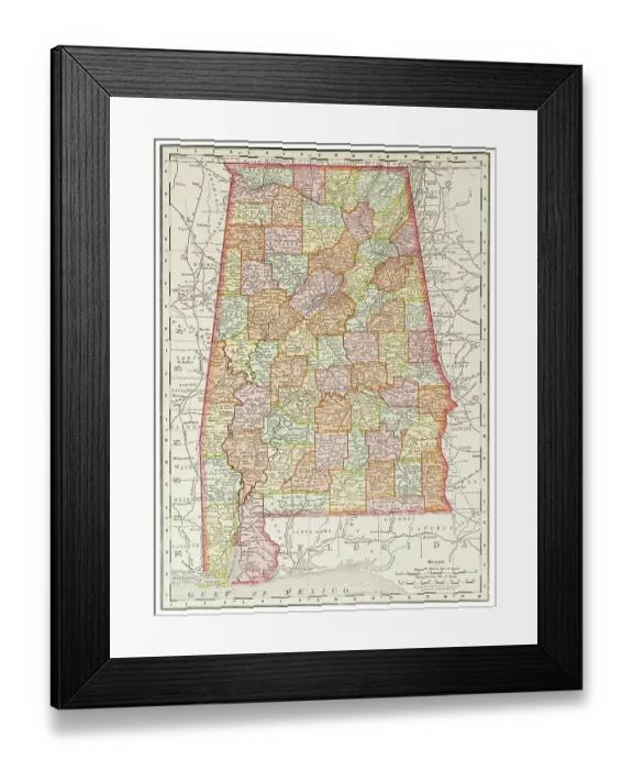 Framed Print : Map of the state of Alabama, USA 1899 Framed Print : Map of the state of Alabama, USA 1899