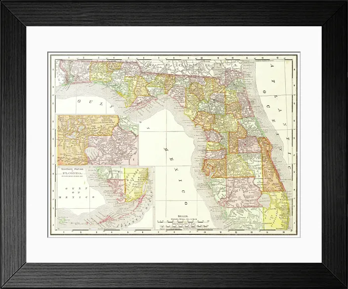 Framed Print : Map of the state of Florida, USA 1899 Framed Print : Map of the state of Florida, USA 1899