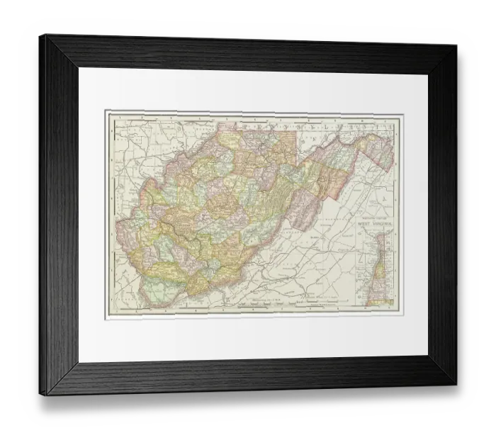 Framed Print : Map of the state of West Virginia, USA 1899 Framed Print : Map of the state of West Virginia, USA 1899