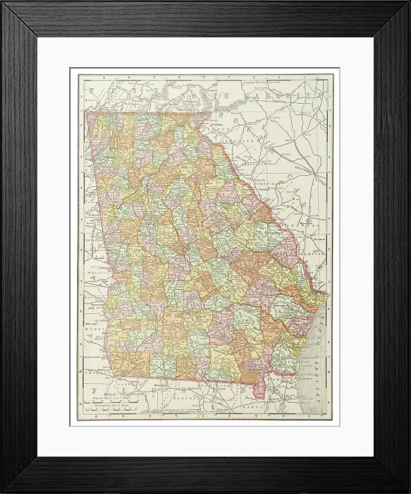 Framed Print : Map of the state of Georgia, USA 1899 Framed Print : Map of the state of Georgia, USA 1899