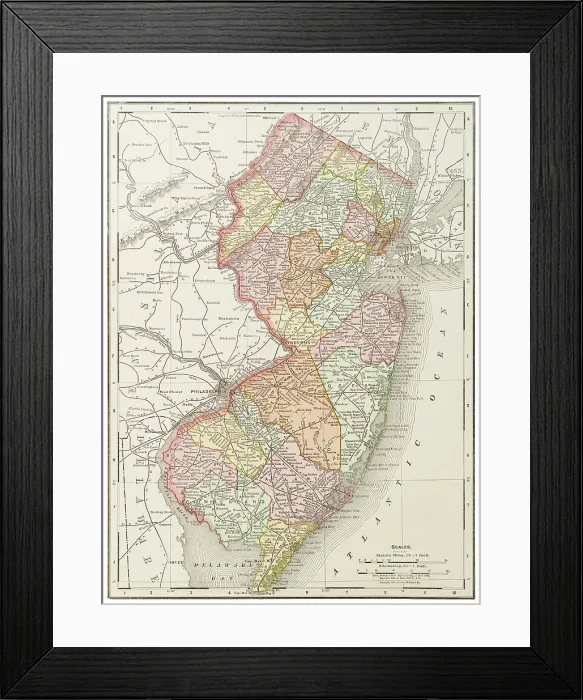Framed Print : Map of the state of New Jersey, USA 1899 Framed Print : Map of the state of New Jersey, USA 1899