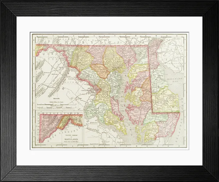 Framed Print : Map of the states of Delaware and Maryland, USA 1899 Framed Print : Map of the states of Delaware and Maryland, USA 1899