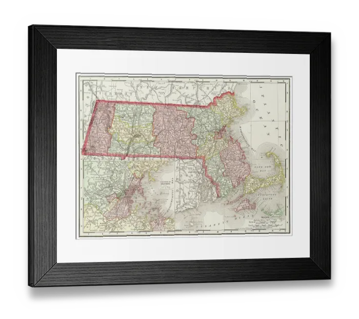 Framed Print : Map of the state of Massachusetts, USA 1899 Framed Print : Map of the state of Massachusetts, USA 1899