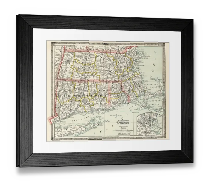 Framed Print : Map of the state of Massachusetts and Connecticut, USA 1883 Framed Print : Map of the state of Massachusetts and Connecticut, USA 1883