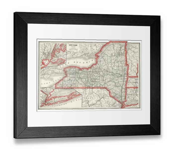 Framed Print : Map of the state of New York, USA 1883 Framed Print : Map of the state of New York, USA 1883
