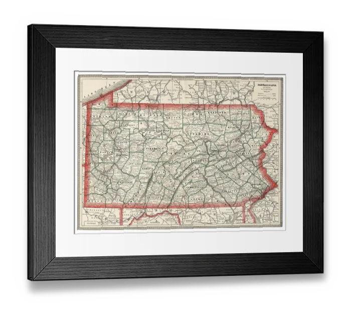 Framed Print : Map of the state of Pennsylvania, USA 1883 Framed Print : Map of the state of Pennsylvania, USA 1883