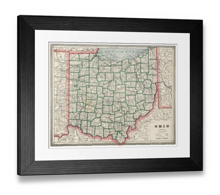 Framed Print : Map of the state of Ohio, USA 1883 Framed Print : Map of the state of Ohio, USA 1883