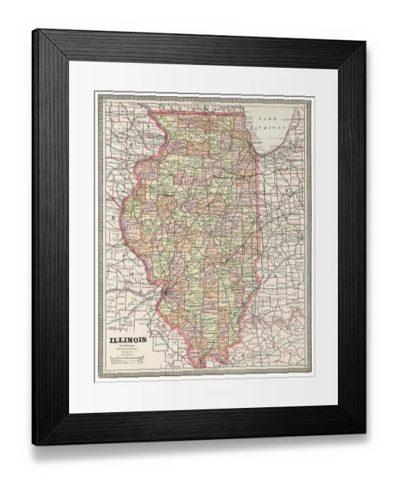 Framed Print : Map of the state of Illinois, USA 1883 Framed Print : Map of the state of Illinois, USA 1883