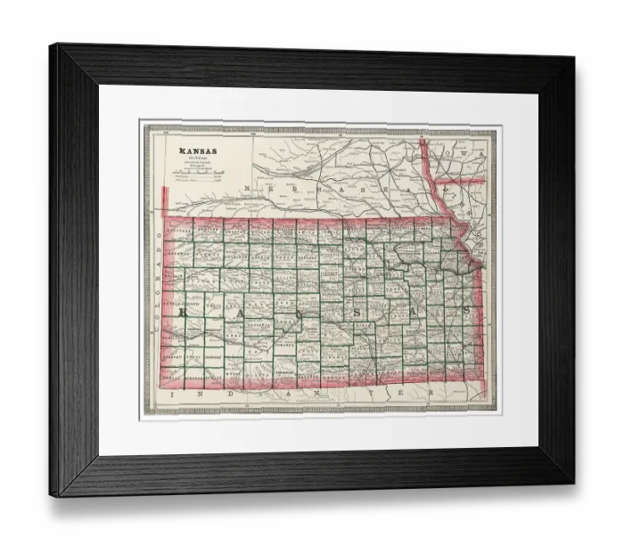 Framed Print : Map of the state of Kansas, USA 1883 Framed Print : Map of the state of Kansas, USA 1883