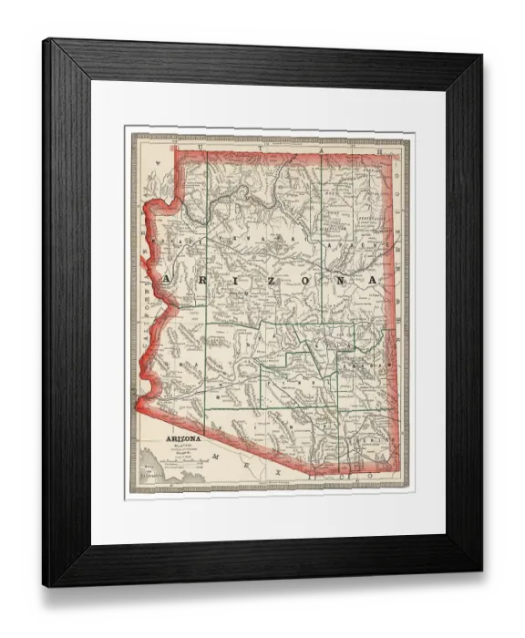 Framed Print : Map of the state of Arizona, USA 1883 Framed Print : Map of the state of Arizona, USA 1883