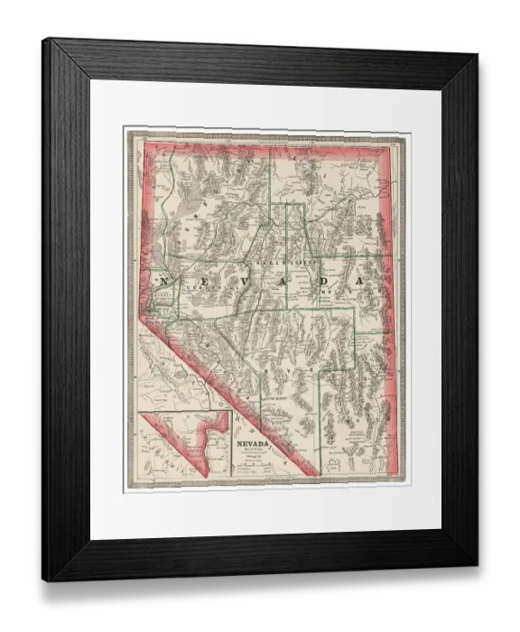 Framed Print : Map of the state of Nevada, USA 1883