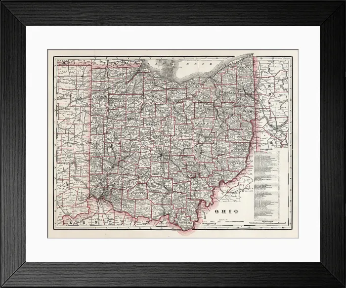 Framed Print : Map of the state of Ohio, USA 1880 Framed Print : Map of the state of Ohio, USA 1880