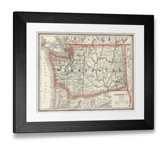 Framed Print : Map of the state of Washington, USA 1883 Framed Print : Map of the state of Washington, USA 1883