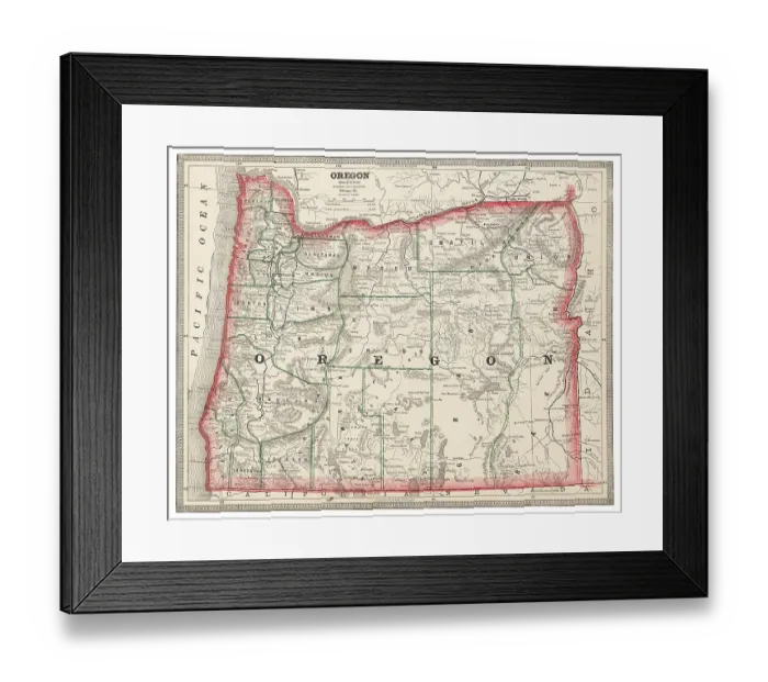 Framed Print : Map of the state of Oregon, USA 1883 Framed Print : Map of the state of Oregon, USA 1883