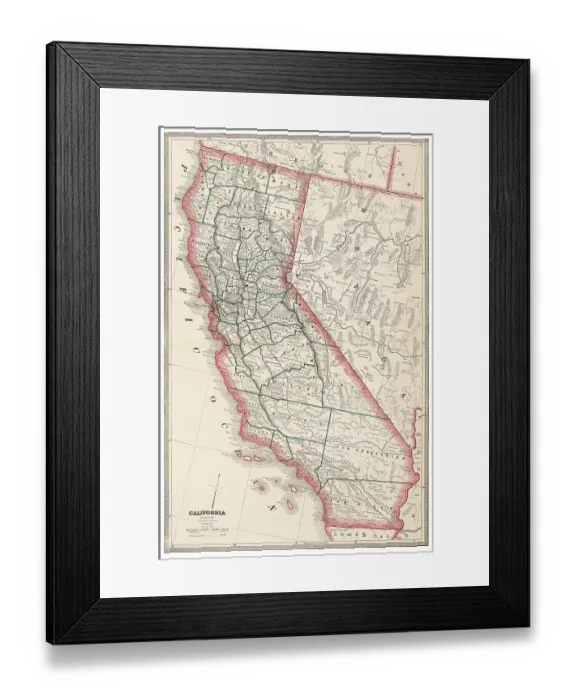 Framed Print : Map of the state of California, USA 1883 Framed Print : Map of the state of California, USA 1883