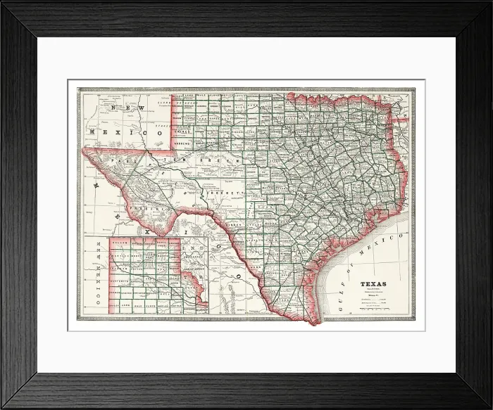 Framed Print : Map of the state of Texas, USA 1883 Framed Print : Map of the state of Texas, USA 1883