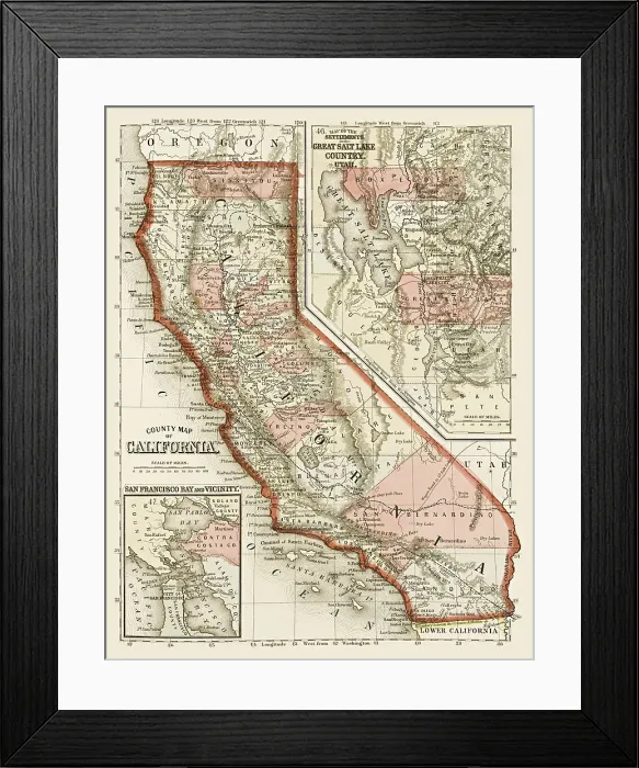 Framed Print : Map of the state of California, USA 1865 Framed Print : Map of the state of California, USA 1865