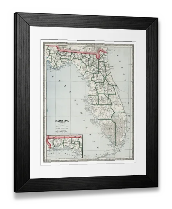 Framed Print : Map of the state of Florida 1883 Framed Print : Map of the state of Florida 1883