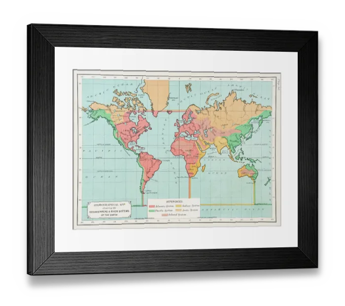 Framed Print : Map of the World showing Oceanic areas and river systems 1892 Framed Print : Map of the World showing Oceanic areas and river systems 1892