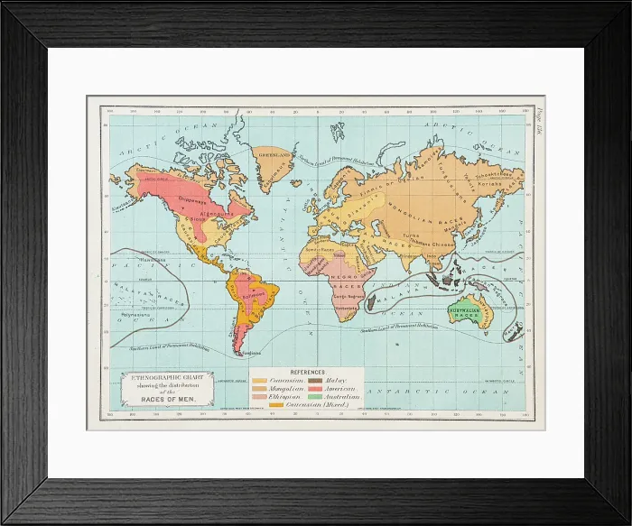 Framed Print : Map of the World showing the distribution of the races on men 1892 Framed Print : Map of the World showing the distribution of the races on men 1892