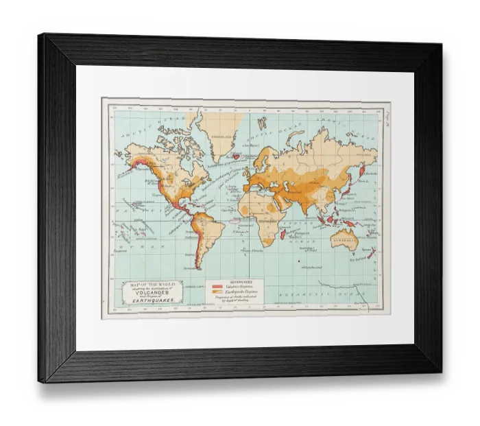 Framed Print : Map of the World showing Volcanoes and regions of Earthquakes 1892 Framed Print : Map of the World showing Volcanoes and regions of Earthquakes 1892