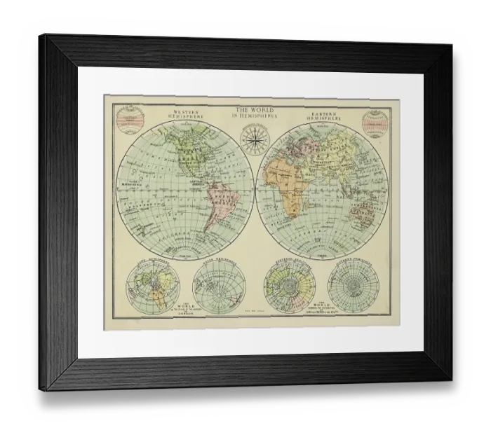 Framed Print : Map of the world in Hemispheres Framed Print : Map of the world in Hemispheres