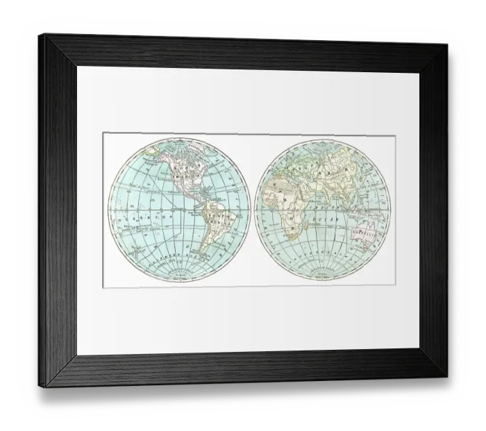 Framed Print : The world in hemispheres map 1876 Framed Print : The world in hemispheres map 1876