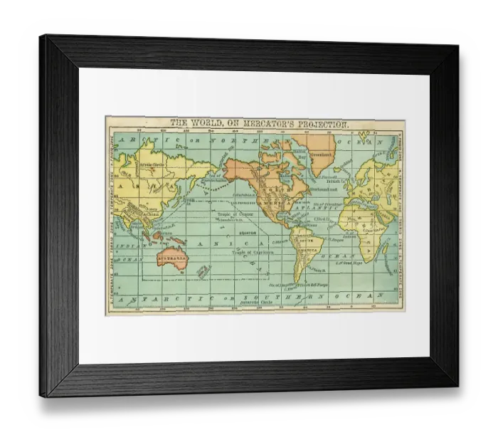Framed Print : World in mercator's projection map 1876 Framed Print : World in mercator's projection map 1876