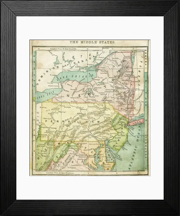 Framed Print : The middle states USA map 1876 Framed Print : The middle states USA map 1876