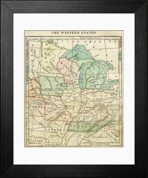 Framed Print : The western states - USA map 1876 Framed Print : The western states - USA map 1876