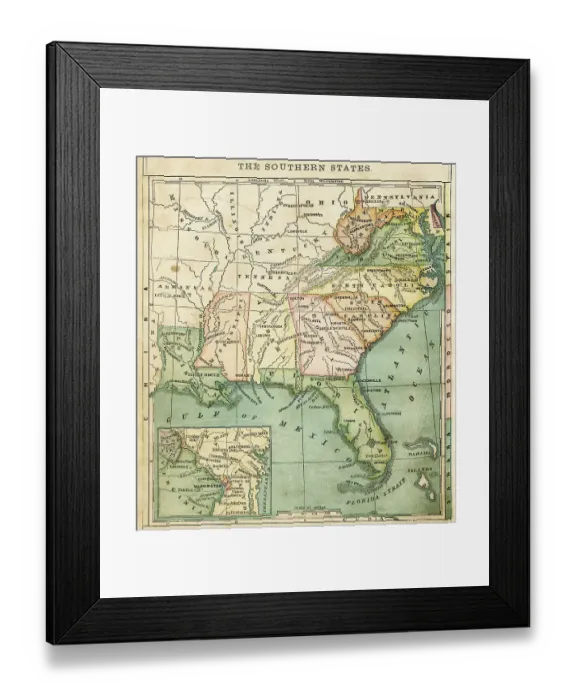Framed Print : The southern states - USA map 1876 Framed Print : The southern states - USA map 1876