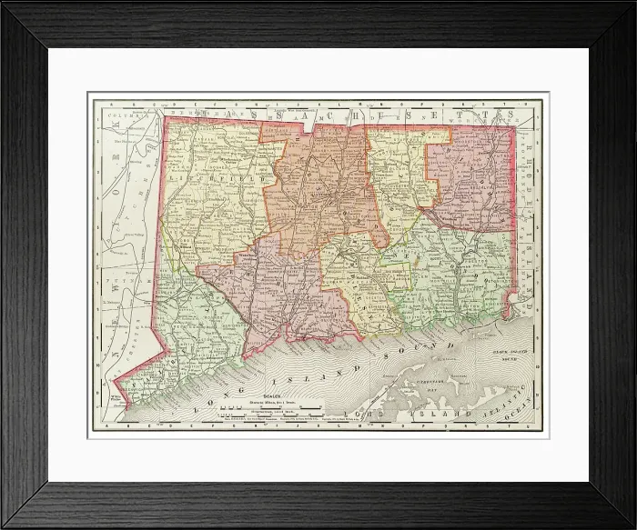 Framed Print : Map of the state of Connecticut, USA 1899