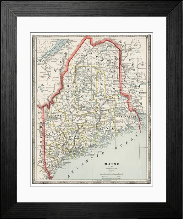 Framed Print : Map of the state of Maine, USA 1883 Framed Print : Map of the state of Maine, USA 1883