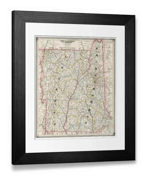 Framed Print : Map of the state of New Hampshire and Vermont, USA 1883 Framed Print : Map of the state of New Hampshire and Vermont, USA 1883
