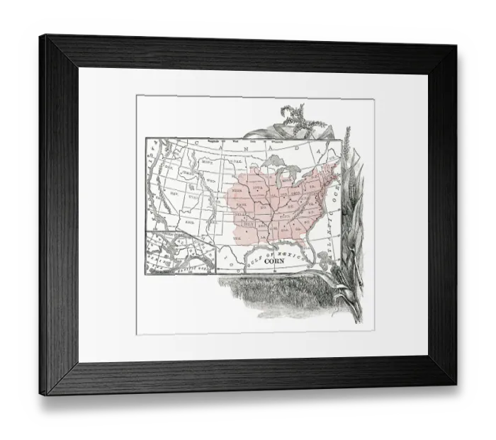 Framed Print : Corn crop distribution engraving 1867 Framed Print : Corn crop distribution engraving 1867