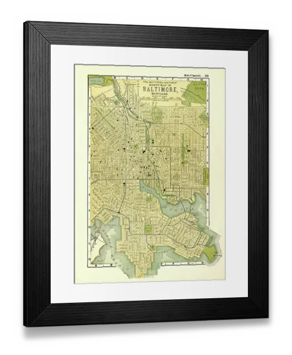 Framed Print : Baltimore Maryland map 1898 Framed Print : Baltimore Maryland map 1898