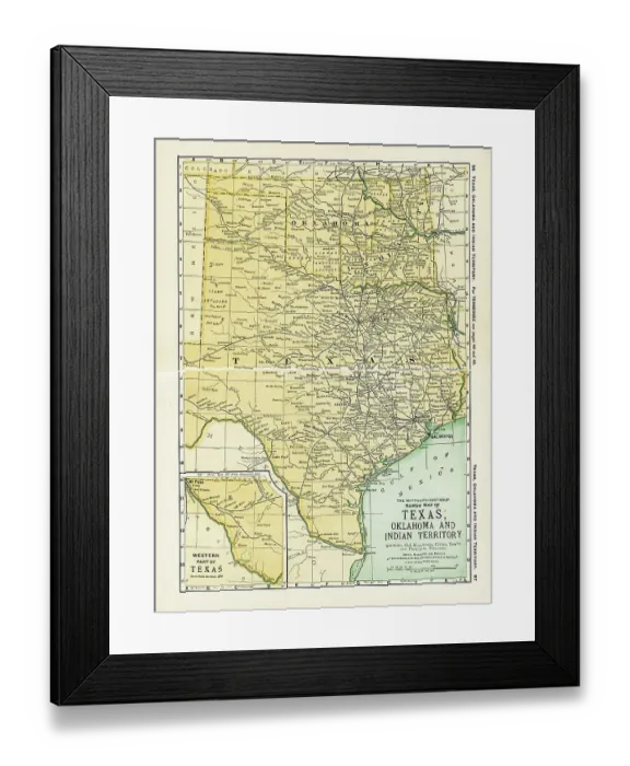 Framed Print : Texas and Oklahoma map 1898 Framed Print : Texas and Oklahoma map 1898