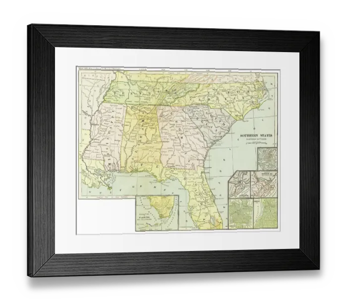 Framed Print : Map of the Southern states 1899 Framed Print : Map of the Southern states 1899