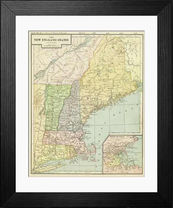 Framed Print : Map of New England states 1899 Framed Print : Map of New England states 1899