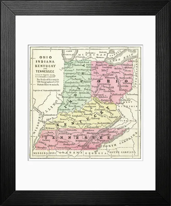 Framed Print : Map of Ohio, Indiana, Ohio, Kentucky 1871 Framed Print : Map of Ohio, Indiana, Ohio, Kentucky 1871