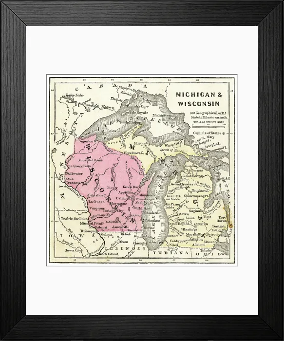Framed Print : Map of Michigan and Wisconsin 1871 Framed Print : Map of Michigan and Wisconsin 1871