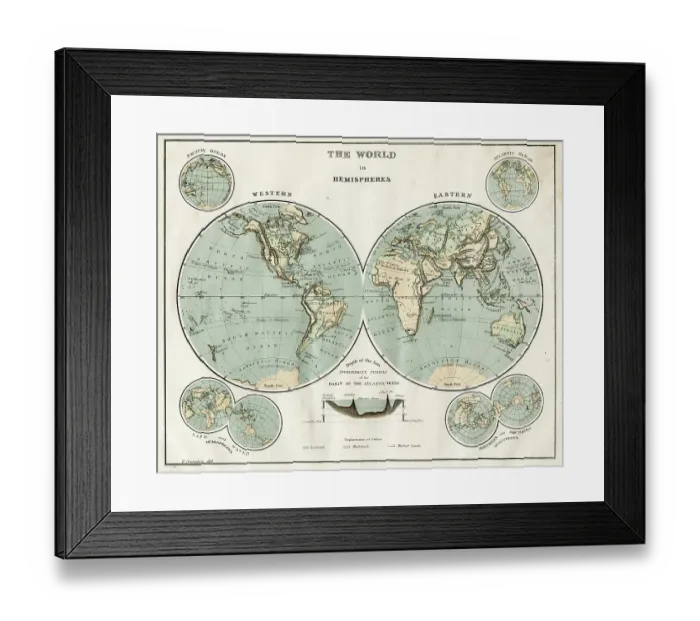 Framed Print : Map of the world in Hemispheres 1868 Framed Print : Map of the world in Hemispheres 1868