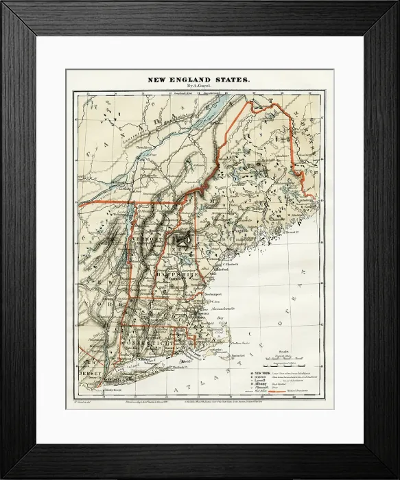 Framed Print : Map New England States 1868