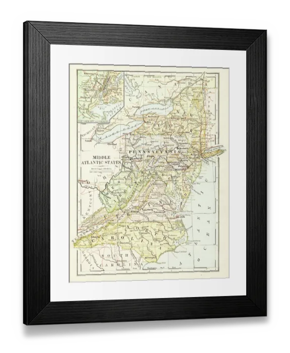 Framed Print : Map of Middle Atlantic States 1875 Framed Print : Map of Middle Atlantic States 1875