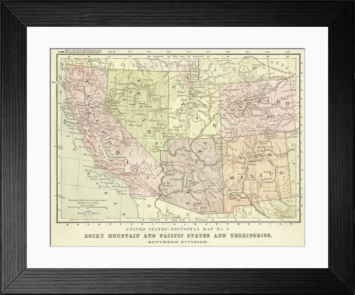 Framed Print : Map USA Rocky mountain and pacific states 1881 Framed Print : Map USA Rocky mountain and pacific states 1881