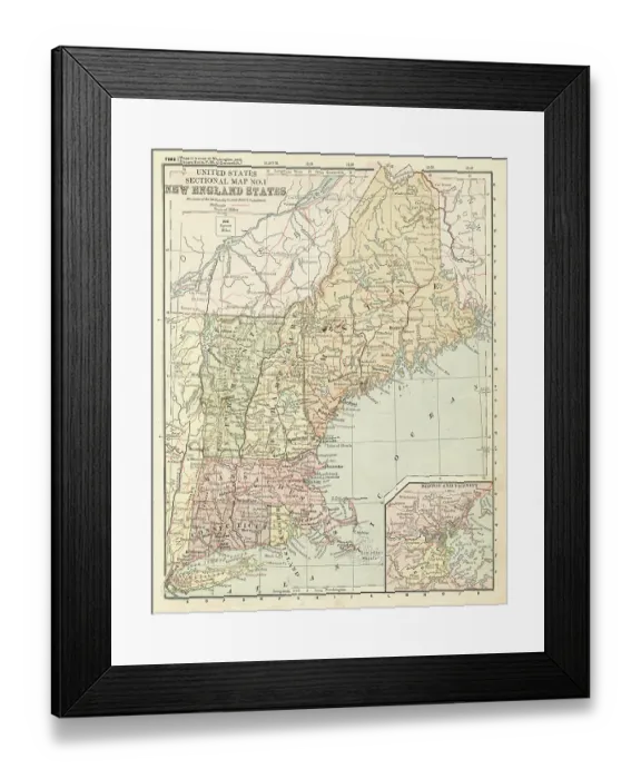 Framed Print : Map New England States 1881