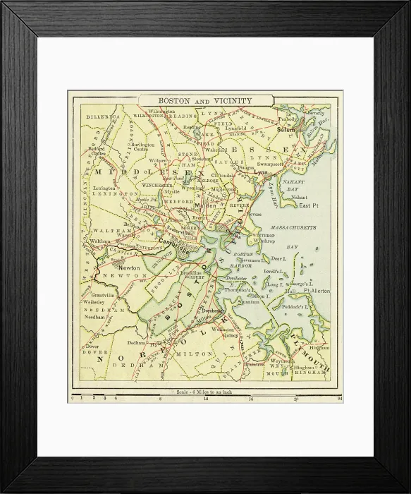 Framed Print : Boston and vicinity map 1881 Framed Print : Boston and vicinity map 1881
