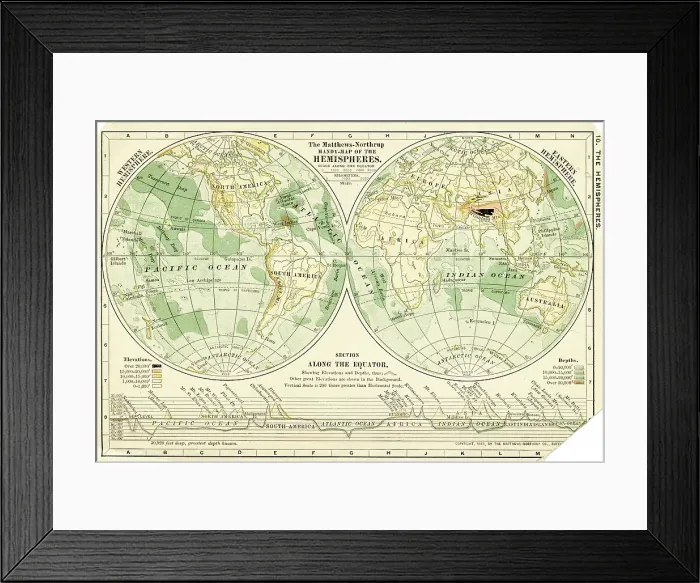 Framed Print : Map of the world in Hemispheres 1898 Framed Print : Map of the world in Hemispheres 1898